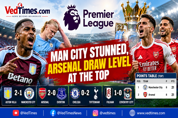 Premier League: Aston Villa Stun Manchester City, Arsenal Draw Level at the Top